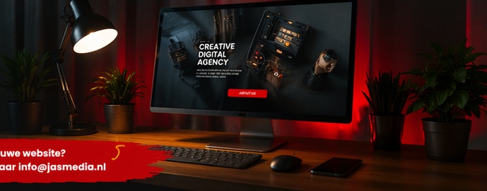 Donkere workspace setup met monitor